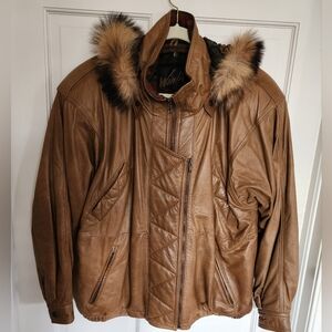 Vintage Winlit Leather Brown Bomber Jacket Women’s Size Large Fur Lined Hood